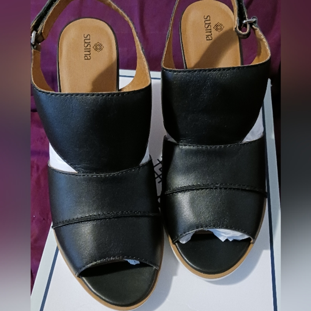 Black Leather Wedge Sandal